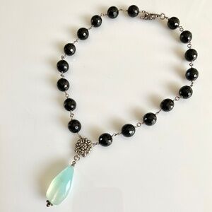 HANDCRAFTED ONYX & AQUAMARINE DRESSY NECKLACE
